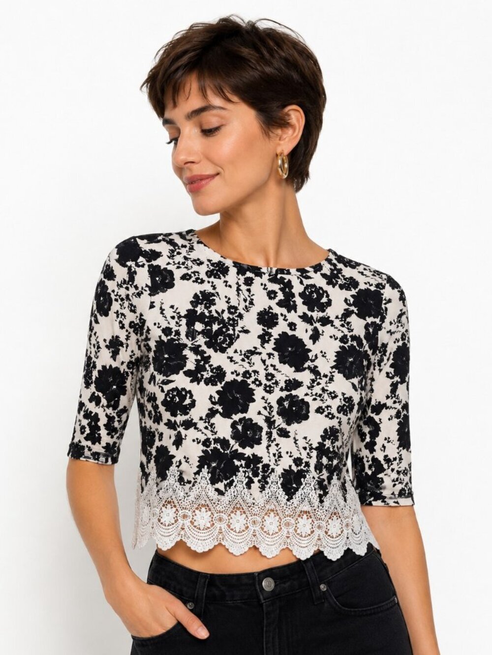 Miss Finch B&W Floral Print Crochet Trim Crop Top